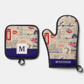 ロンドン新聞パターン 鍋つかみ&鍋敷きセット (正面)