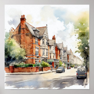 ロンドン郊外の水絵を描色の広場 ポスター