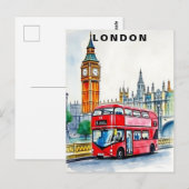 ロンドン イギリス バス 旅行 水彩画 ポストカード (正面/裏面)