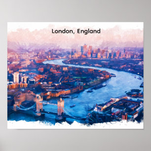 ロンドン イギリス 水彩画 空中 都市景観 ポスター