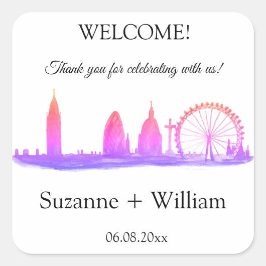 ロンドン・イングランドのスカイラインピンクが結婚式を引き立てる スクエアシール (正面)