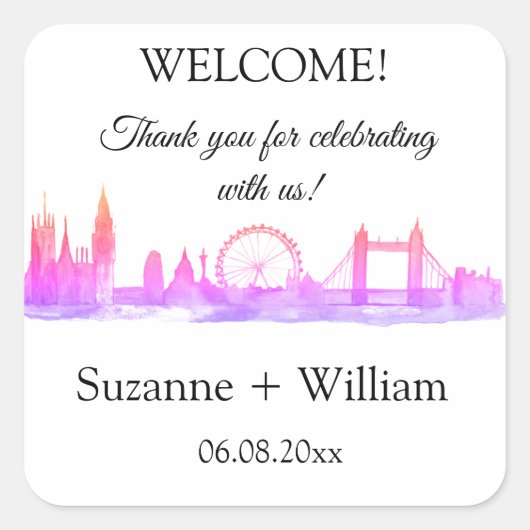 ロンドン・イングランドのスカイラインピンクが結婚式を引き立てる スクエアシール (正面)