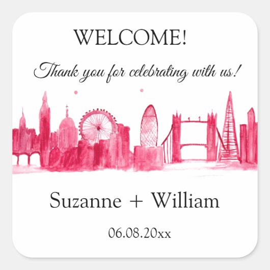 ロンドン・イングランドのスカイラインピンクが結婚式を引き立てる スクエアシール (正面)
