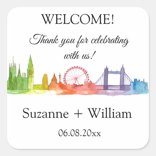 ロンドン・イングランドカラフルスカイラインが結婚式を支持 スクエアシール (正面)