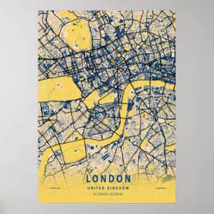 ロンドン – キ統一されたングダム黄色の都市地図 ポスター