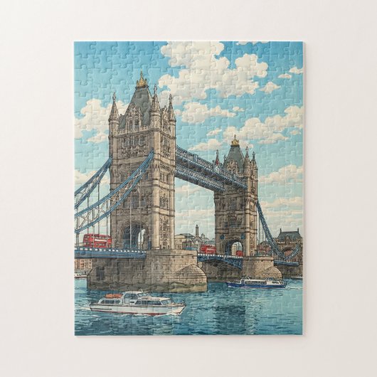 ロンドン・タワー・ブリッジの日本風浮世絵 ジグソーパズル (縦)