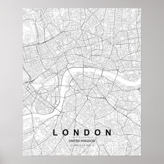 ロンドン・ミニマリストマップ (モノクロ) ポスター (正面)