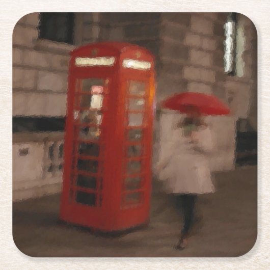 ロンドン – Rainy Day Phone Box - Umbrella Coaster スクエアペーパーコースター (正面)