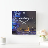 ロンドンUKナイトシティスケープロンドンアイビュー スクエア壁時計 (ホーム)