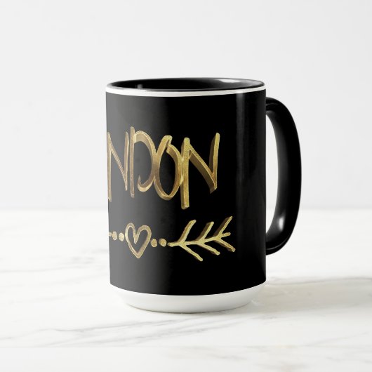 ロンドンUKラブブラック金ゴールドタイポグラフィエレガント マグカップ (正面右)