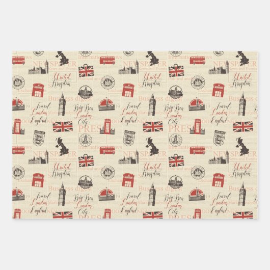 ロンドンUK通りギフトラッピング紙セット3 ラッピングペーパーシート (正面)