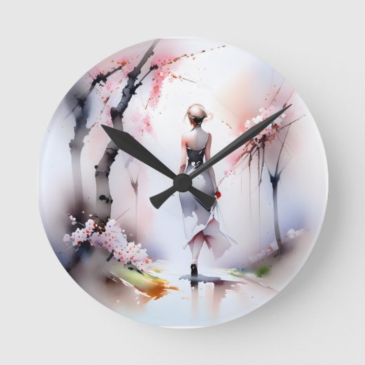 ロンリーウーマン歩く ラウンド壁時計 (正面)