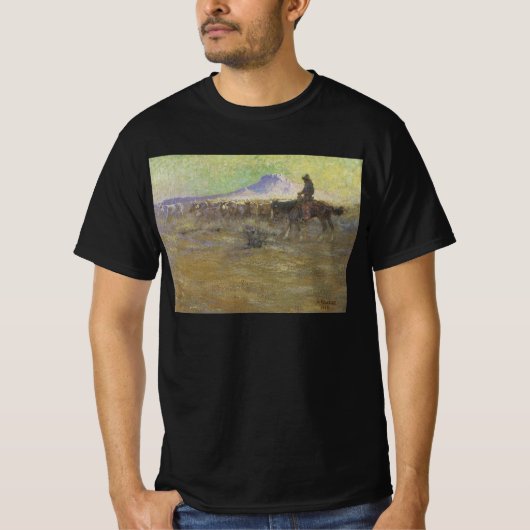 ロン・メガージによる「カウボーイ牧場の牛追い」 Tシャツ (正面)