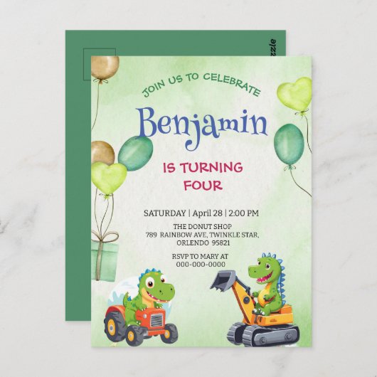 ローおもしろいルTレックス恐竜トラクターのトラック誕生日 ポストカード (正面/裏面)