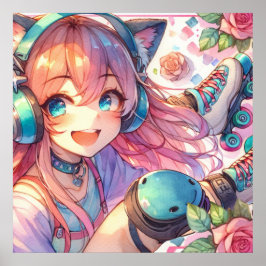 ローかわいらしラースケートのアニメ少女 ポスター