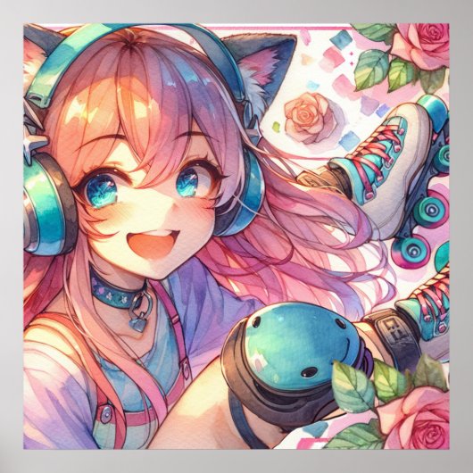 ローかわいらしラースケートのアニメ少女 ポスター (正面)