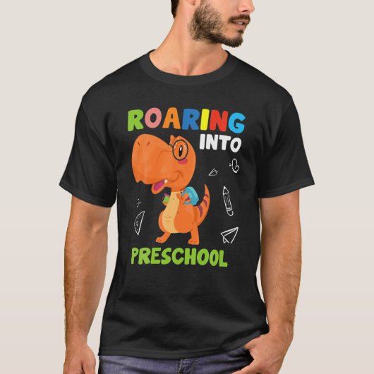 ローアリングプレスクール恐竜Tレックス新学期ボー Tシャツ (正面)