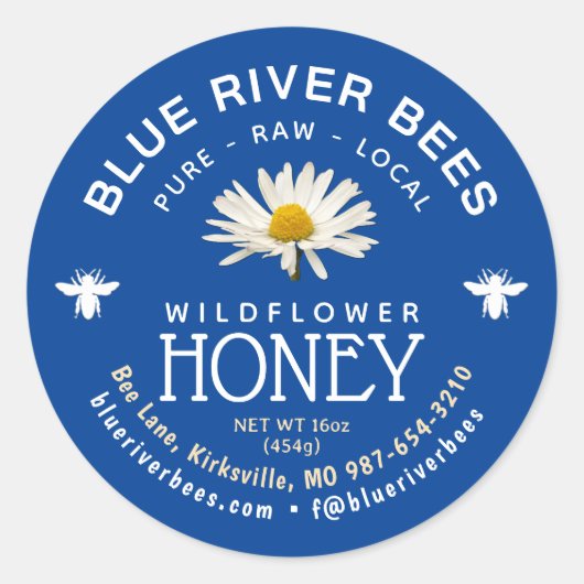 ローカルハニーデイジーブルーラベルとFacebookハンドル ラウンドシール (正面)