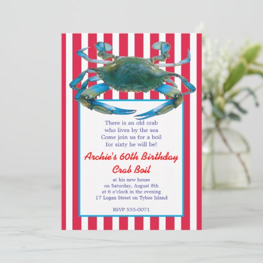 ローカントリーの青いカニストライプが沸騰する – 赤または海軍 招待状 (スタンド正面)