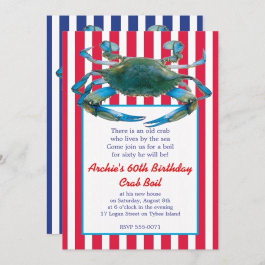 ローカントリーの青いカニストライプが沸騰する – 赤または海軍 招待状 (正面/裏面)