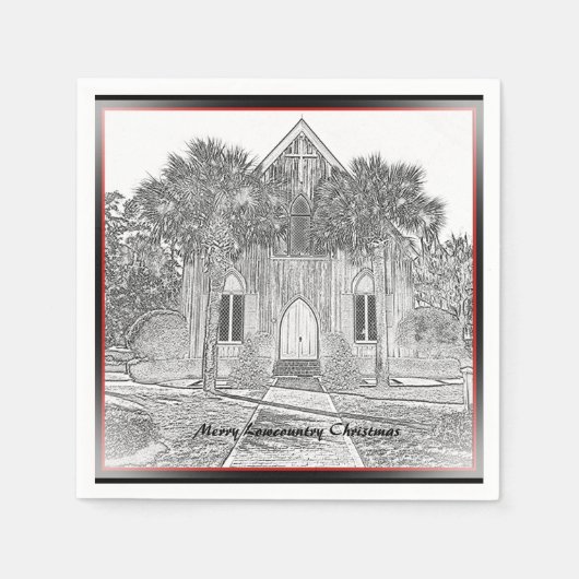 ローカントリーメリークリスマスブラフトンチャーチスケッチ スタンダードカクテルナプキン (正面)