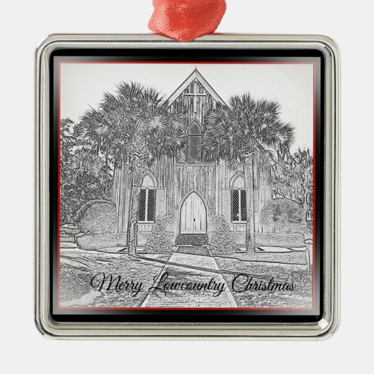 ローカントリーメリークリスマスブラフトンチャーチスケッチ メタルオーナメント (正面)