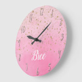 ロージーバラピンク&金ゴールドグリッターグラムスパークリシック ラージ壁時計 (傾斜)