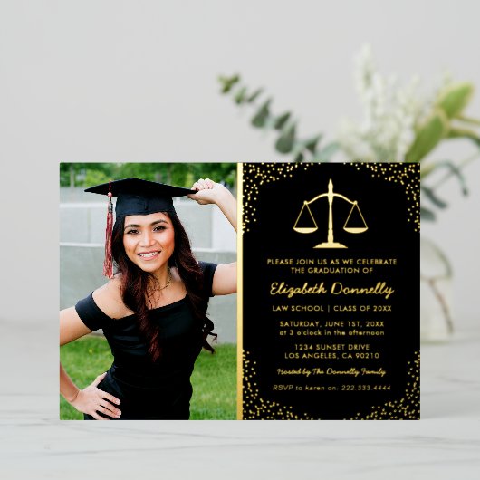 ロースクール写真卒業パーティー実在金ゴールド 箔招待状 (立ち正面)