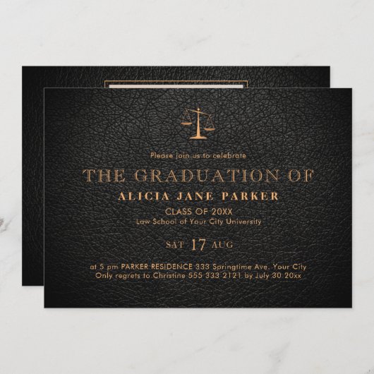 ロースクール卒業エレガント黒金ゴールド写真 招待状 (正面/裏面)