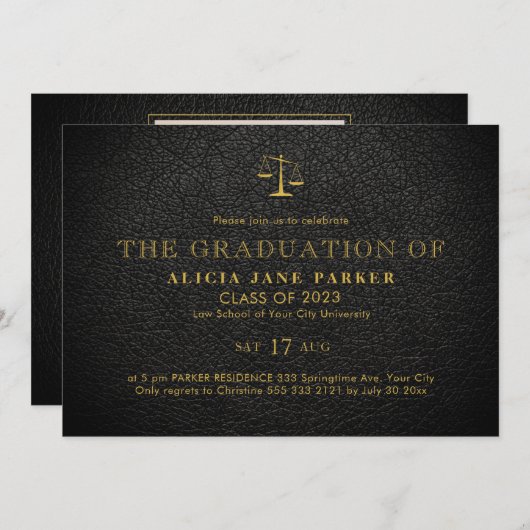 ロースクール卒業エレガント黒金ゴールド写真 招待状 (正面/裏面)