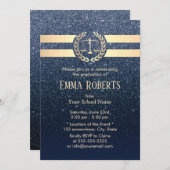 ロースクール卒業ネイビーモダンブルーグリッター 招待状 (正面/裏面)