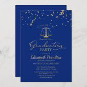 ロースクール卒業パーティー金ゴールド紙吹雪ブルー 招待状 (正面/裏面)