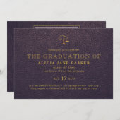 ロースクール卒業パープルエレガント金ゴールド写真 招待状 (正面/裏面)