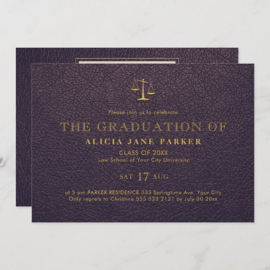 ロースクール卒業パープルエレガント金ゴールド写真 招待状 (正面/裏面)