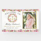 ロースクール卒業ピンクの金ゴールドフローラ写真 横断幕 (横)