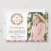 ロースクール卒業ピンク金ゴールドフローラ卒業写真 サンキューカード (正面)