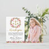 ロースクール卒業ピンク金ゴールドフローラ卒業写真 サンキューカード (スタンド正面)