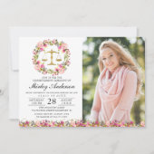 ロースクール卒業ピンク金ゴールドフローラ卒業写真 招待状 (正面)