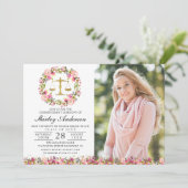ロースクール卒業ピンク金ゴールドフローラ卒業写真 招待状 (スタンド正面)