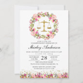 ロースクール卒業ピンク金ゴールド水彩リース 招待状 (正面)