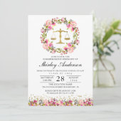 ロースクール卒業ピンク金ゴールド水彩リース 招待状 (スタンド正面)