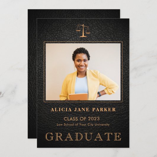 ロースクール卒業ブラック金ゴールド写真 案内状 (正面/裏面)
