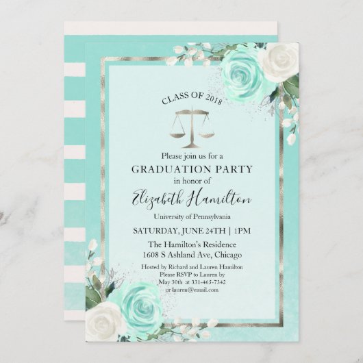 ロースクール卒業党ティール（緑がかった色）フローラ 招待状 (正面/裏面)