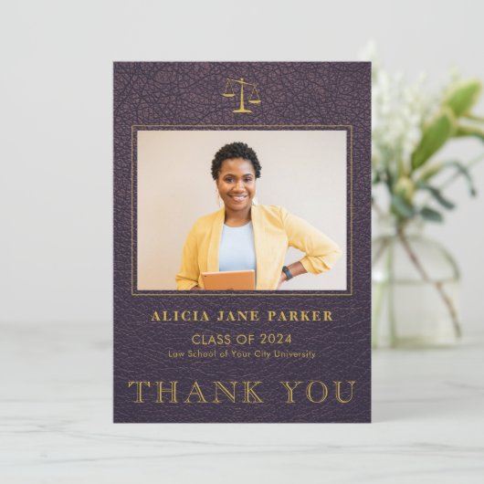 ロースクール卒業写真エレガント紫金ゴールド サンキューカード (スタンド正面)