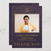 ロースクール卒業写真エレガント紫金ゴールド サンキューカード (正面/裏面)