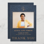 ロースクール卒業写真ネイビーエレガント金ゴールド サンキューカード (正面/裏面)