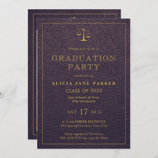 ロースクール卒業写真パープル金ゴールド エレガント 招待状 (正面/裏面)