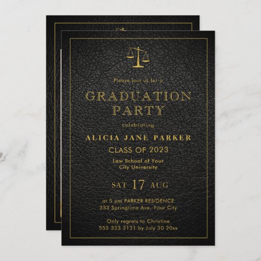 ロースクール卒業写真黒エレガント金ゴールド 招待状 (正面/裏面)