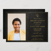 ロースクール卒業写真黒エレガント金ゴールド 招待状 (正面/裏面)