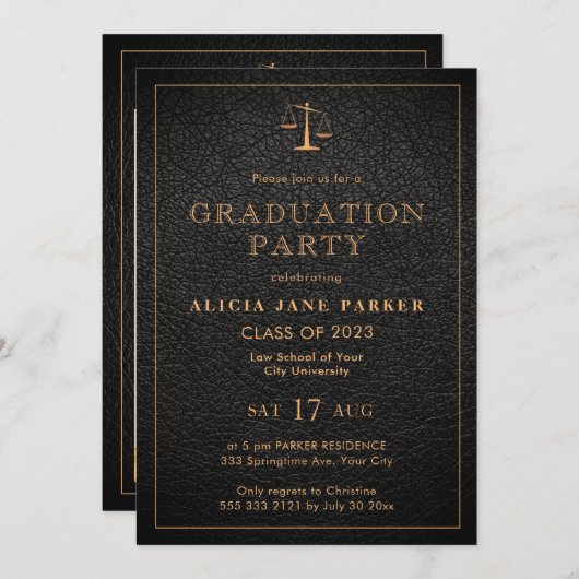 ロースクール卒業写真黒エレガント金ゴールド 招待状 (正面/裏面)